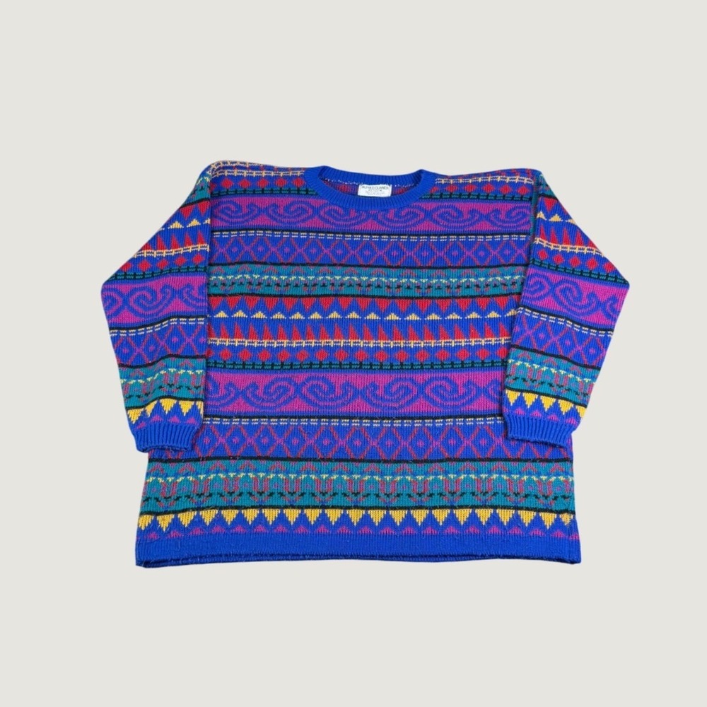 Vintage Alfred Dunner Geometric Fair Isle Knit Sweater Blue Multi USA Made 22W